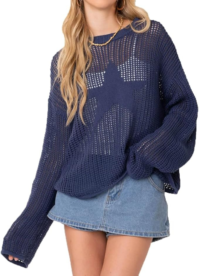 Vintage Star Knit Crochet Pullover Sweaters - Women's Casual Loose Hollow Out Smock Grunge Street... | Amazon (US)
