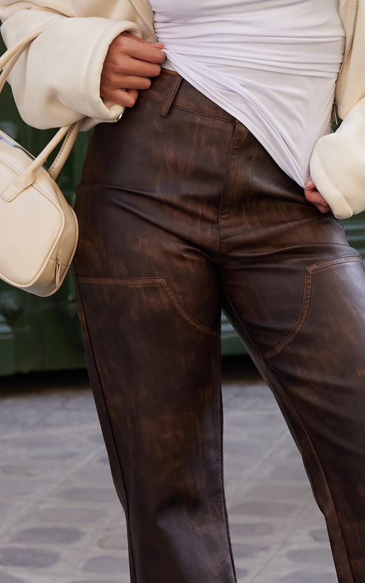 Washed Brown Faux Leather Seam Detail Pants | PrettyLittleThing US