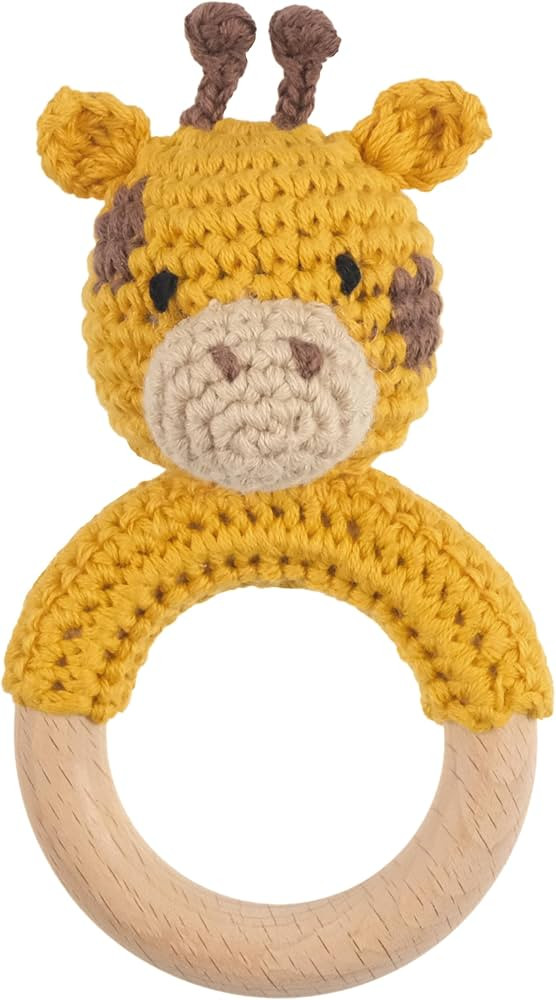 Joliecraft Safari Animals Wooden Baby Rattle Toys Stuffed Crochet Rattle with Teether Ring for Ne... | Amazon (US)