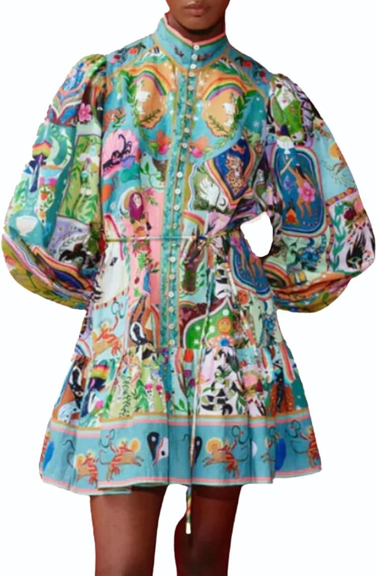 LAPRBY Womens Colorful Graffiti Dress Boho Floral Long Puff Sleeve Ruffled Dress Button Down Tie ... | Amazon (US)