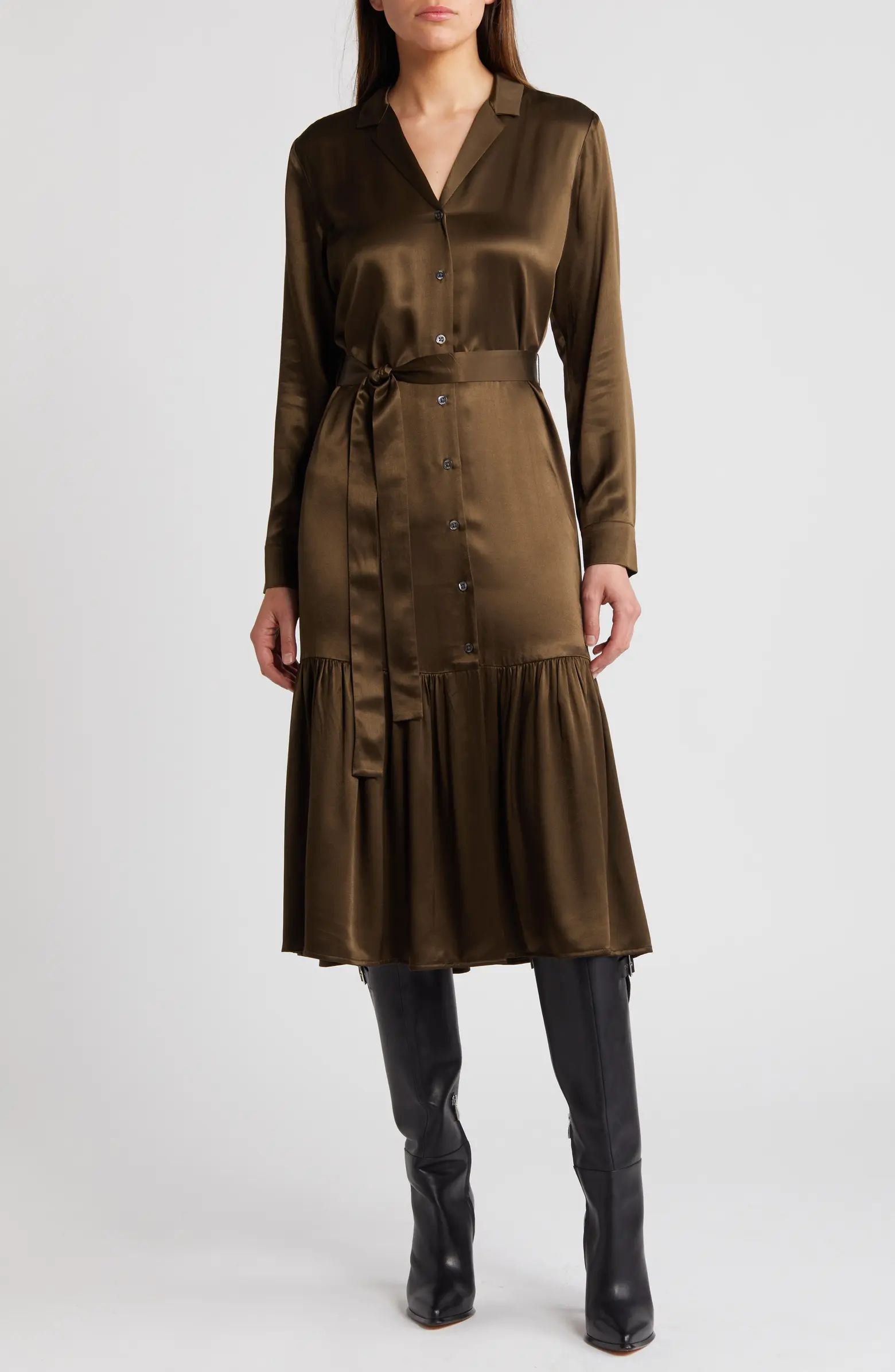 Beatrice Long Sleeve Belted Satin Midi Shirtdress | Nordstrom