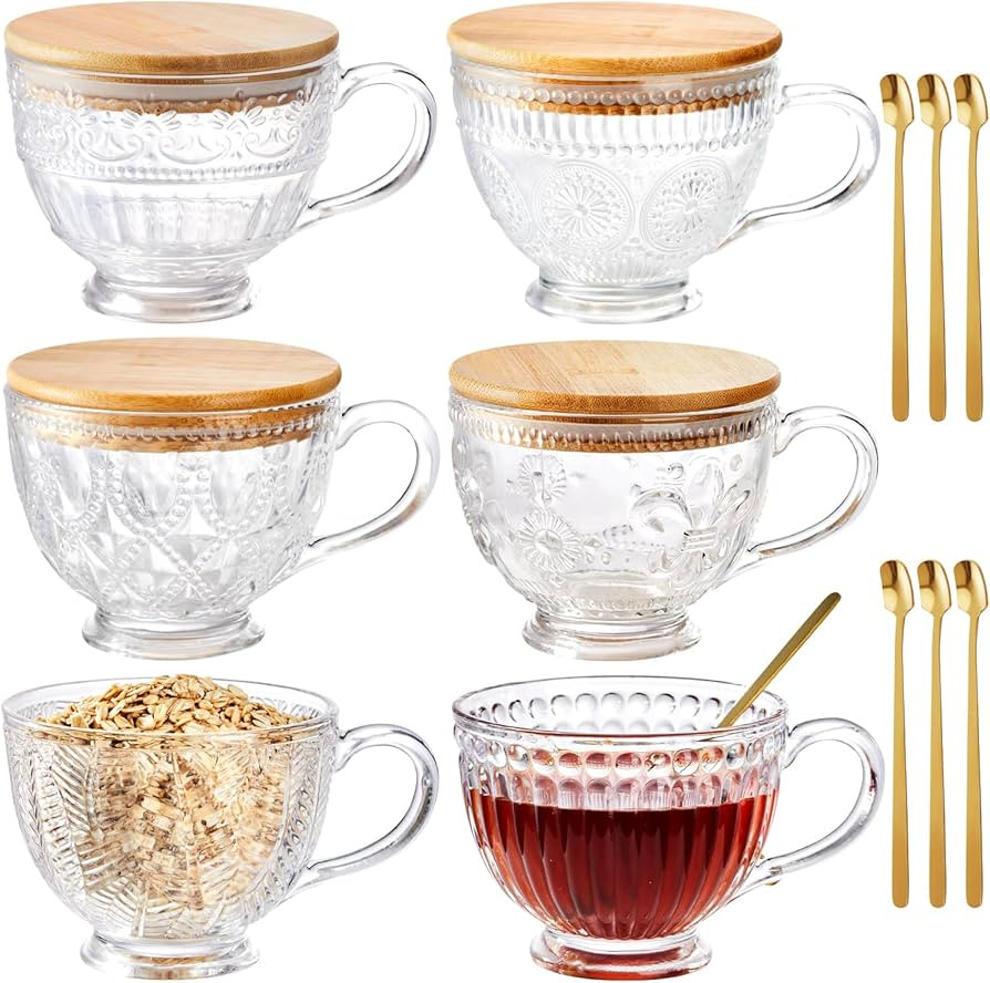 Vintage Coffee Mugs Set of 6, 16oz Glass Coffee Mugs Overnight Oats Containers with Lids Clear Em... | Amazon (US)
