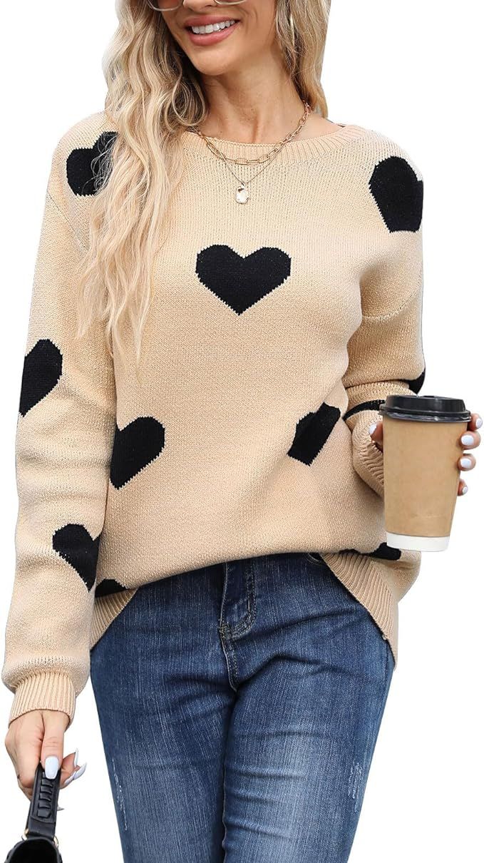 Women's Pullover Sweaters Long Sleeve Crewneck Front Ribbed Knitted Cute Heart Sweater | Amazon (US)