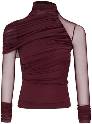 JW PEI Women's Ella Sheer Ruched Turtleneck Top | Amazon (US)