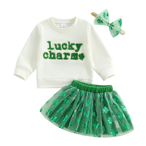 Amnnchya Toddler Baby Girl St Patricks Day Outfit Little Girl Clothes Skirt Set Lucky Charm Sweatshirt Clover Tutu Dress (Green, 3-4T) | Amazon (US)
