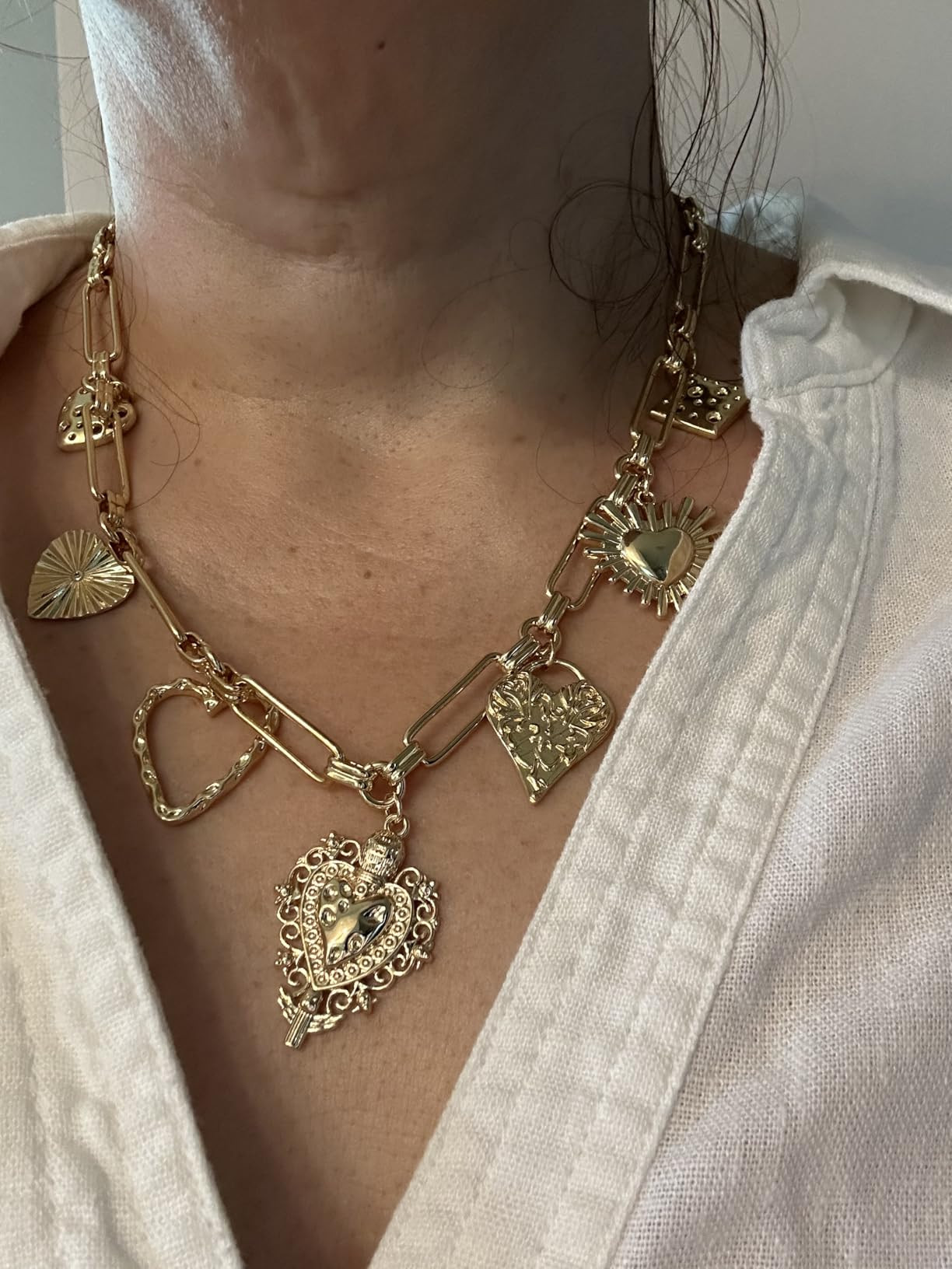 KissYan Heart Charm Necklace for Women, 14K Gold Plated Chunky Love Heart Pendant Link Chain Fash... | Amazon (US)