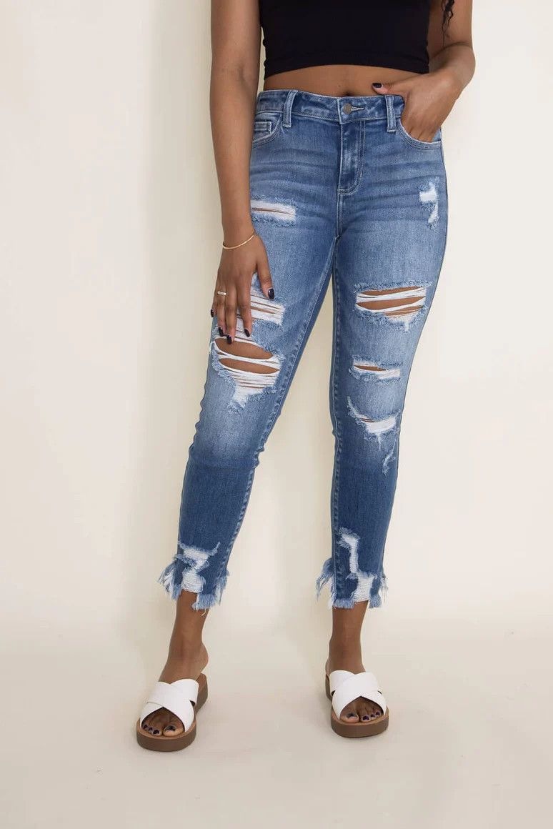 Cello Distressed Cropped Fray Bottom Skinny Jeans for Women | Glik's