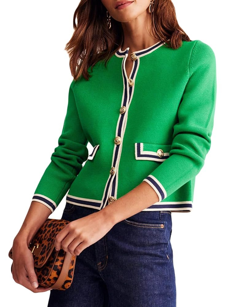 Women's Cardigan Sweater Open Front Color Block Button Down Knit Tweed Jackets Fall Cropped Coat | Amazon (US)