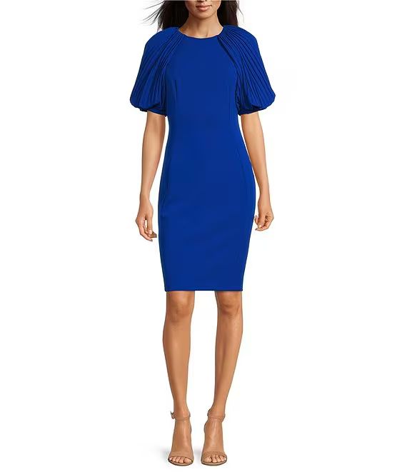 Short Elbow Puff Sleeve Scuba Crepe Crew Neck Pencil Dress | Dillard's