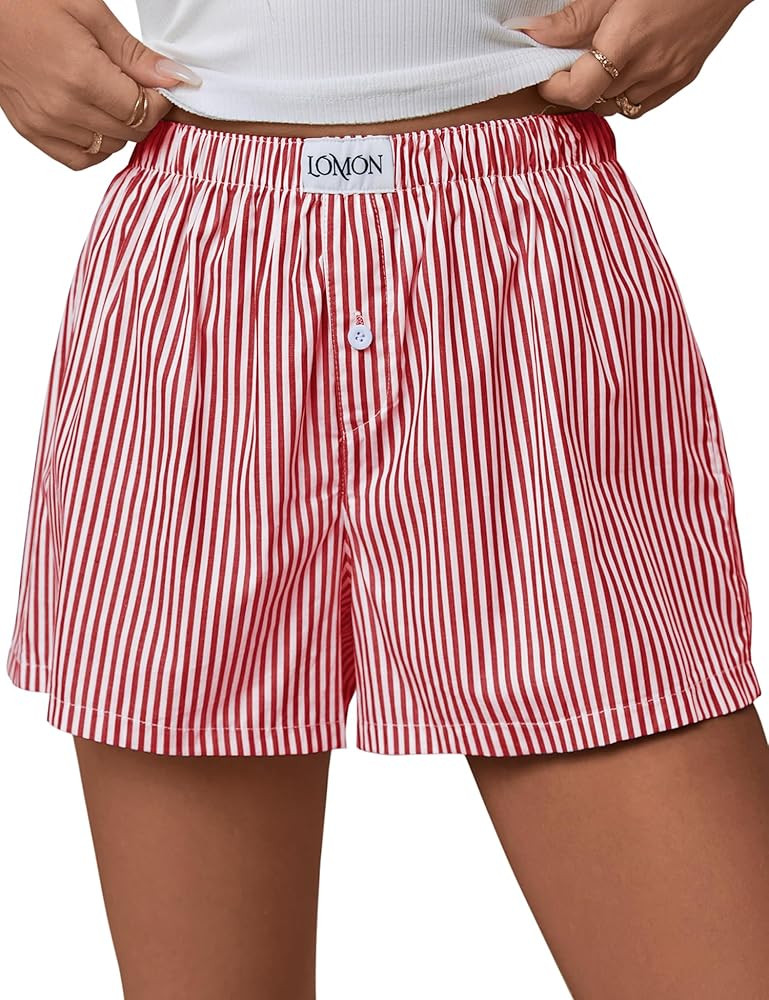 LOMON Womens Boxer Shorts Casual Summer Cotton Pajama Lounge Sleep Pj Gingham Plaid Shorts Y2K Be... | Amazon (US)