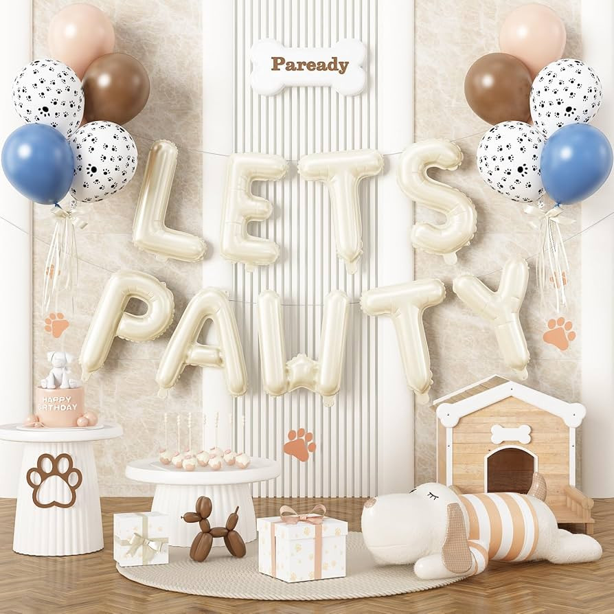 Paready Lets Pawty Dog Balloons Set, 19 Pcs 16 Inch Cream Lets Pawty Foil Balloons Banner, Blue B... | Amazon (US)