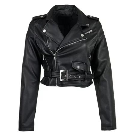 Women's Juniors Fashionable Cropped Faux Leather Moto Biker Jacket | Walmart (US)