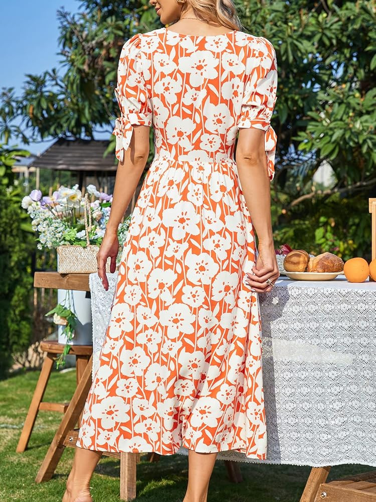 CUPSHE Women Summer A Line Flare Floral Dress V Neck Bubble Short Sleeve Long Maxi Button Down Caual | Amazon (US)