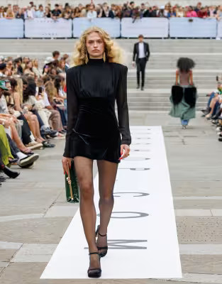 Topshop long sleeve velvet and chiffon mix mini dress with shoulder pads in black | ASOS (Global)