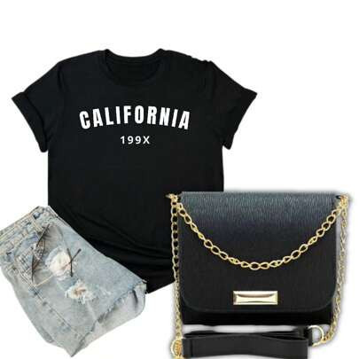 Camiseta Feminina Tshirt California Kit com Bolsa Tiracolo Feminina Preta com Alça Corrente dourada | SHEIN