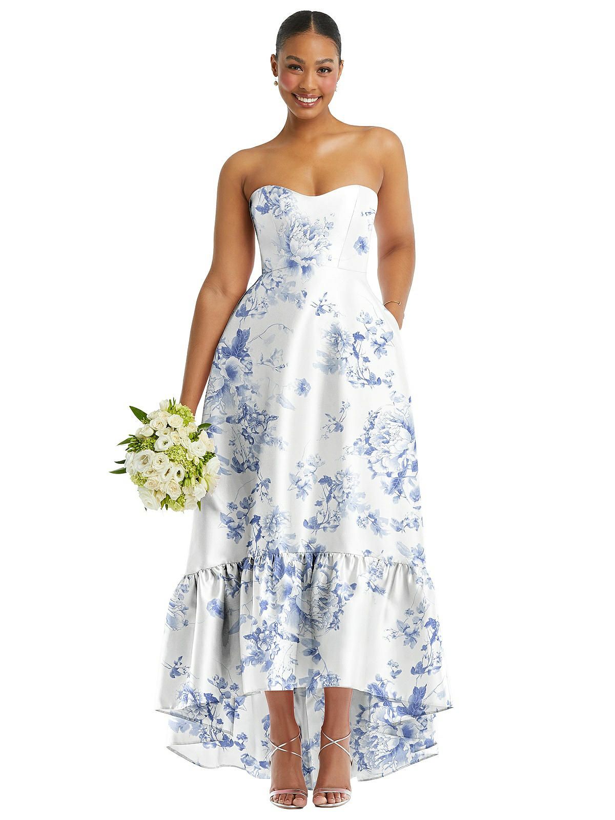Strapless Floral High-Low Ruffle Hem Maxi Dress with Pockets | The Dessy Group