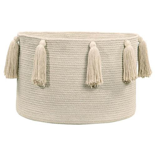 Lorena Canals Tassels Modern Classic White Cotton Round Floor Basket | Kathy Kuo Home