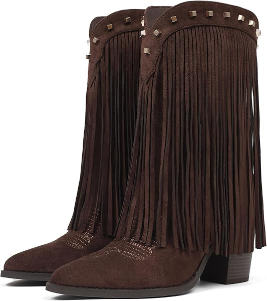 Fringe Cowboy Boots for Women Cowgirl Western Mid Calf Pull On Boot Pointed Toe Chunky Heel Vaque... | Amazon (US)