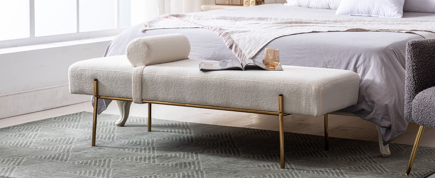 Guyou 55" White End of Bed Bench, Modern Faux Fur Upholstered Ottoman Bench Seat with Gold Legs, ... | Amazon (US)