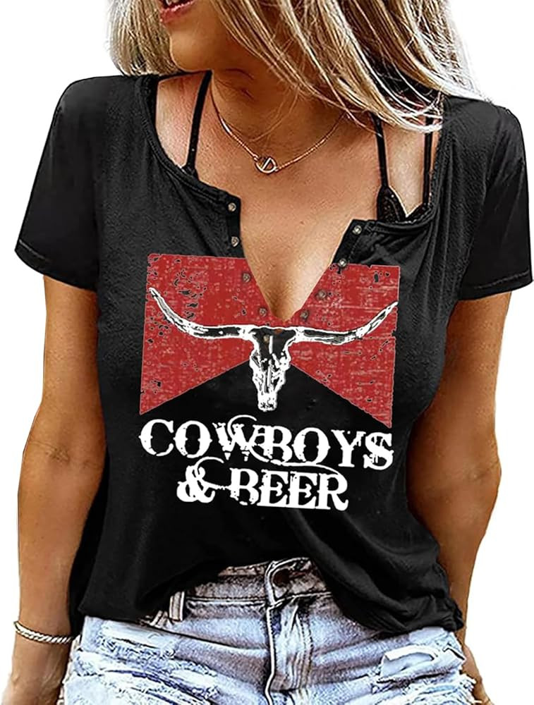 Cowboys & Beer Shirt for Women Country Music Tshirt Vintage Western Steer Skull Graphic Tees Cowb... | Amazon (US)