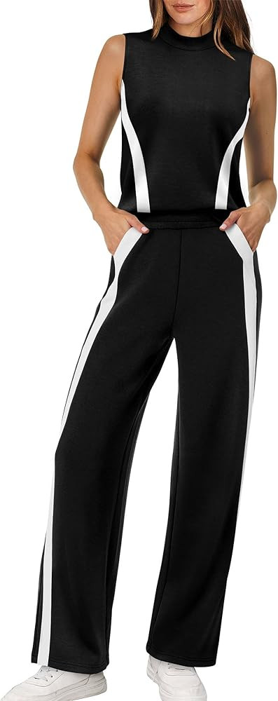 XIEERDUO Two Piece Sets for Women Summer Outfits Travel Mock Neck Lounge Sets Wide Leg Pants Beac... | Amazon (US)