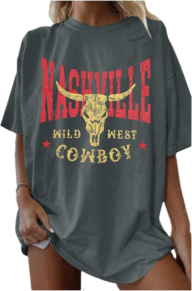 Nashville T Shirts for Women Wild West Cowboy Shirt Vintage Cow Skull Western Shirts Oversized Co... | Amazon (US)