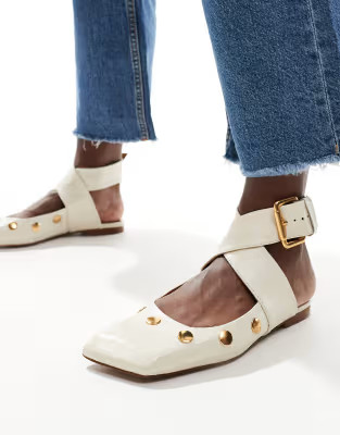 ASOS DESIGN Level premium leather studded ballet flats in off-white | ASOS (Global)