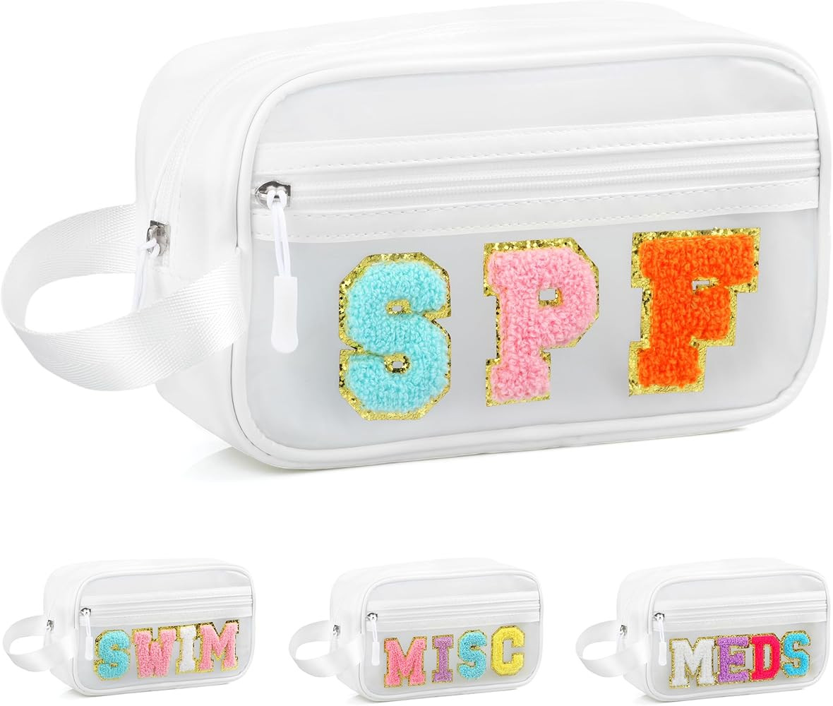Preppy Patch SPF Bag Clear Makeup Letter Bag, Waterproof Zipper Sunscreen Bag Toiletry Pouch for ... | Amazon (US)