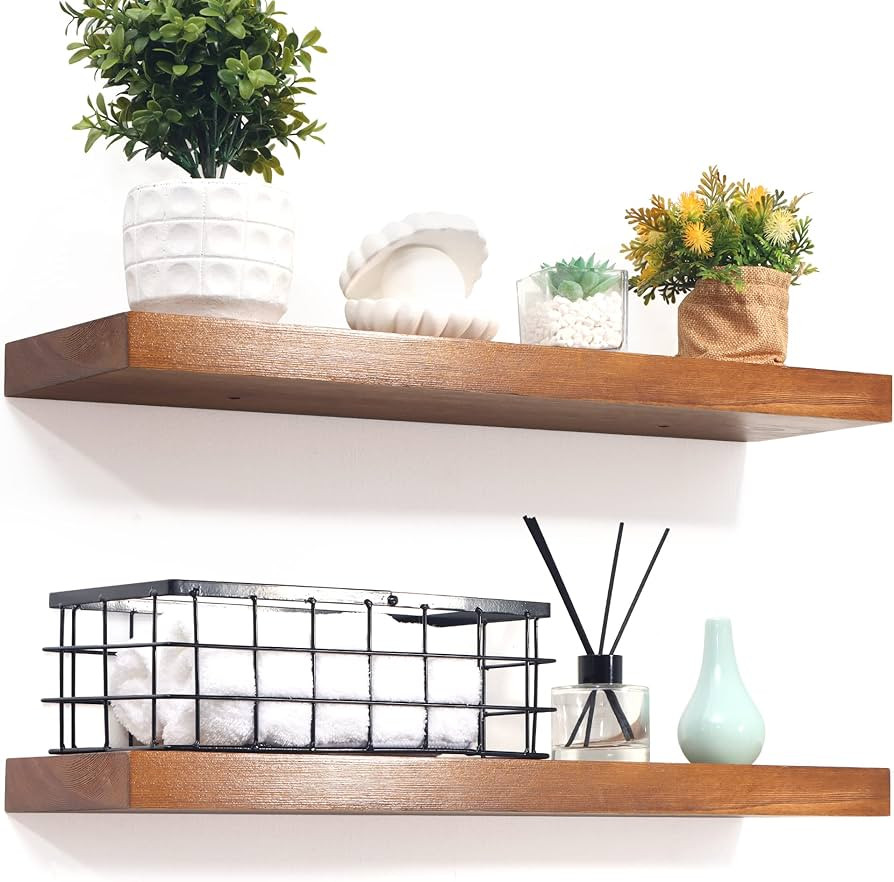 Marsmiles Floating Shelves, 24 Inch Rustic Wood Wall Shelves with Invisible Brackets, Set of 2 Wa... | Amazon (US)