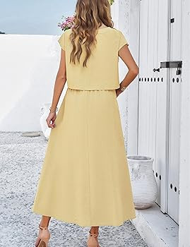 HangNiFang 2025 Summer Skirt Sets Women 2 Piece Outfits Cap Sleeve Top Elastic Waist Maxi Dress S... | Amazon (US)
