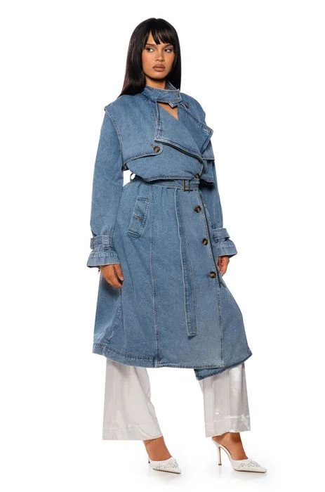 TOOK A WALK ON BLOOME DENIM TRENCH in medium blue denim | AKIRA