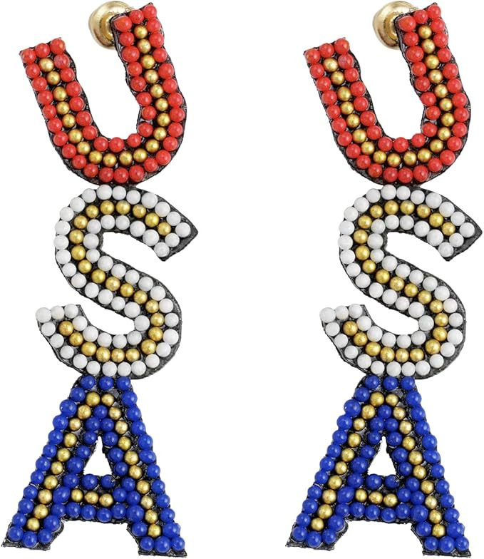 American Flag Earrings Beaded Ice-cream Heart Star Drop Dangle Earrings for Women Handmade 4th of... | Amazon (US)
