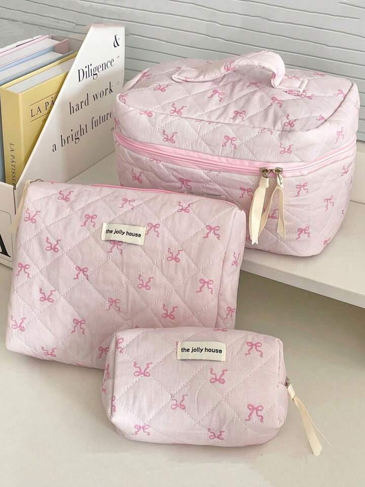 1pc/Set Pink Colour Bowknit Print Balletcore Travel Cosmetic Bag  Large Capacity Cosmetic Bag Bla... | SHEIN