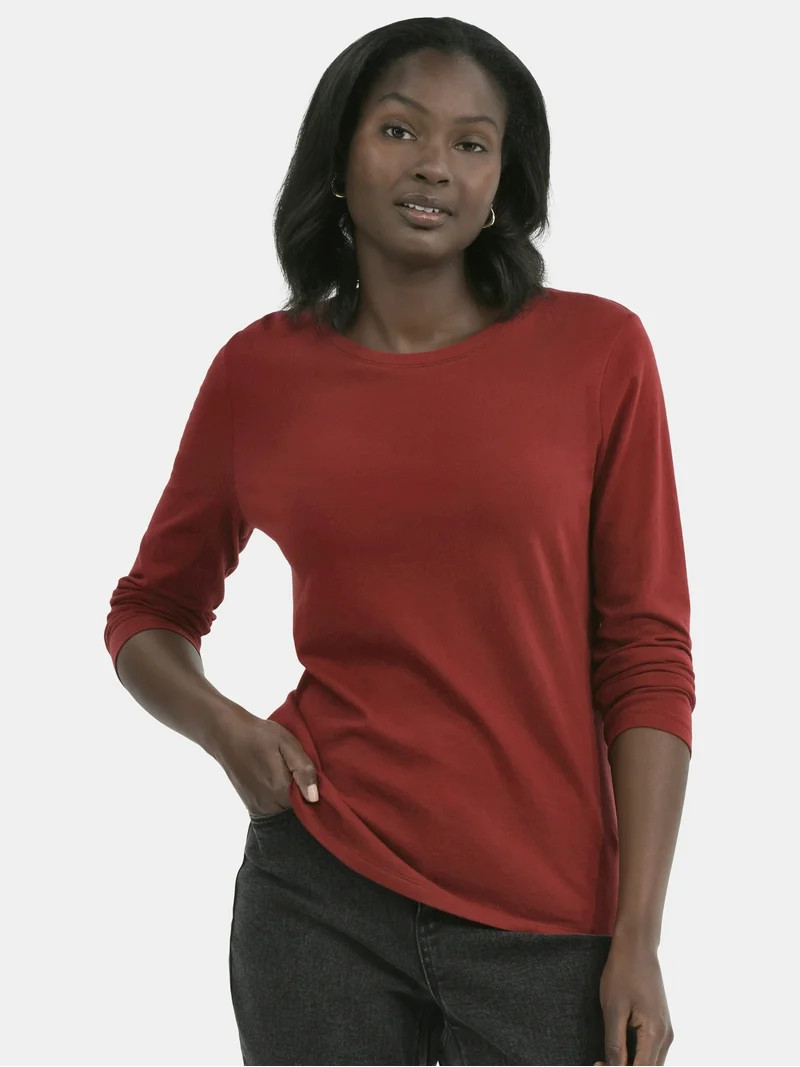Time and Tru Women's Cotton Crewneck Tee with Long Sleeves, Sizes XS-XXXL | Walmart (US)