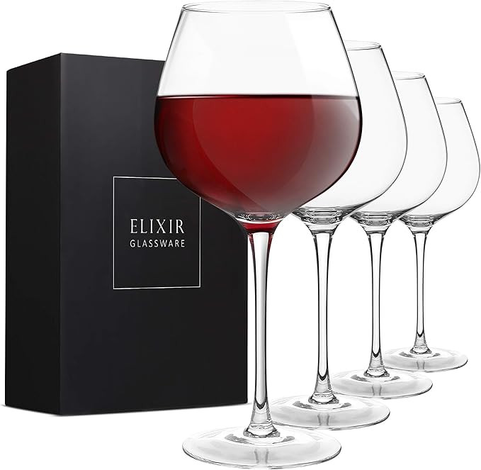 Red Wine Glasses – Large Wine Glasses, Hand Blown – Set of 4 Long Stem Wine Glasses, Premium ... | Amazon (US)