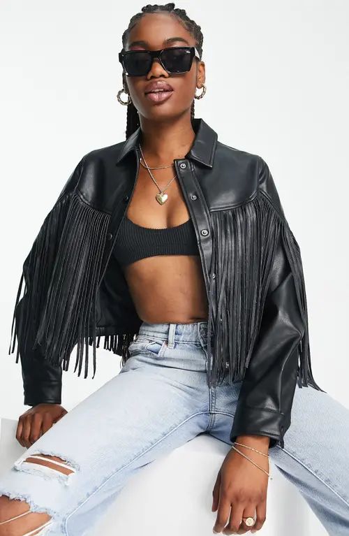 Miss Selfridge Fringe Crop Faux Leather Jacket in Black at Nordstrom, Size 6 Us | Nordstrom