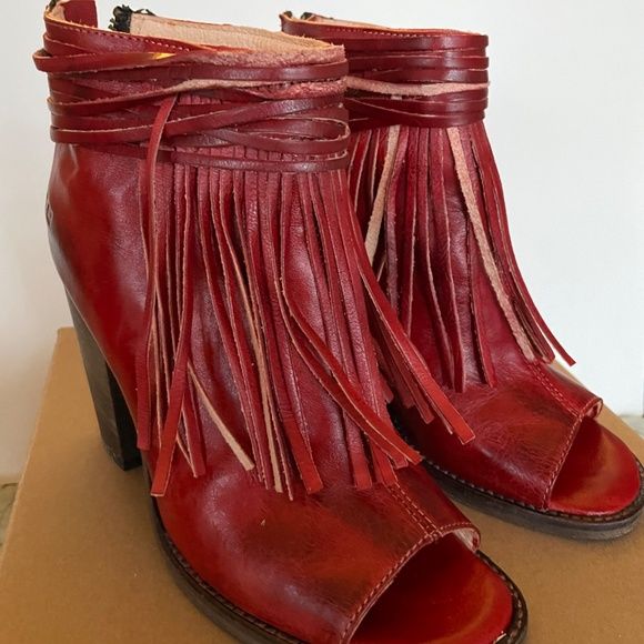 BED|STU Olivia Fringe Red Leather Peep Toe Boots NWT Booties Distressed | Poshmark