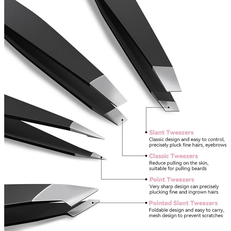 FACEMADE 4 Pcs Tweezers Set, Stainless Steel Hair Removal Makeup Tool, Gift, Black | Walmart (US)
