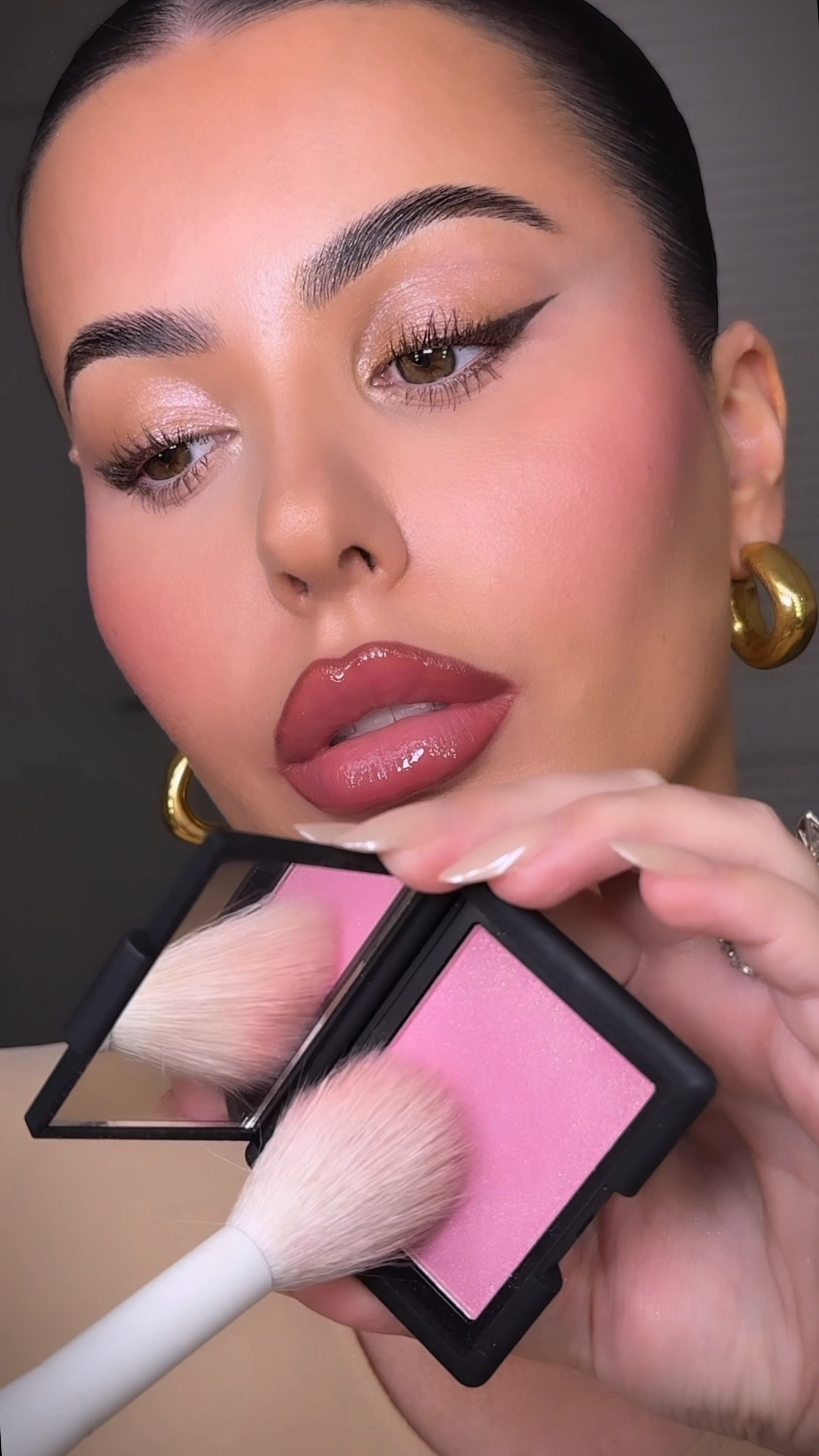 Pinky glam, sparkly lids, glossy lips, pink blush 

#LTKBeauty