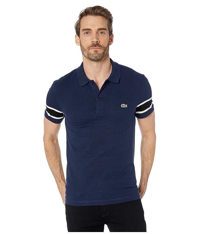 Lacoste Short Sleeve Stretch Pique Semi-Fancy Polo Slim (Navy Blue/Flour/Black) Men's Clothing | Zappos