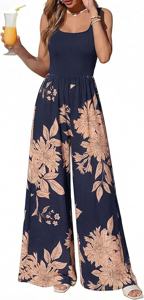 KIRUNDO Jumpsuits for Women Dressy 2026 Summer One Piece Sleeveless Boho Floral Wide Leg Romper B... | Amazon (US)
