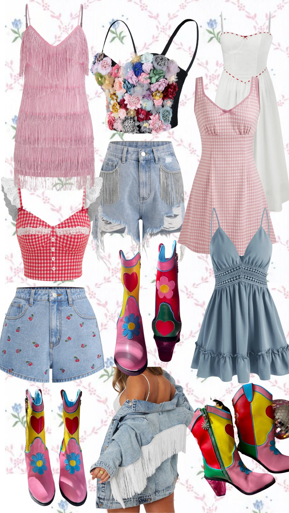 Styling my new boots with fringe, gingham, denim, flowers, and ruffles. 🌈 ❤️ 🪩 🤠 🍒 

These boots are not on LTK but I linked other really cute, fun cowgirl boots. My boots are from dollskill and are linked on a tiktok video of mine for the tiktok shop TikTok: @autumnwillowhome

I was so inspired by all the cute and creative Eras tour and Midwest princess tour outfits I saw online. These are some cute 

#concertoutfits #sunmerfestivaloutfits #taylorswift #cowgirlboots #boots #sunmeroutfits #chappellroan

#LTKShoeCrush #LTKStyleTip #LTKFindsUnder50