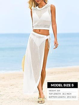 Fisoew Womens Crochet Swim Cover Ups 2 Piece Sleeveless Crop Tops Beach Wrap Skirt Hollow Out Boh... | Amazon (US)