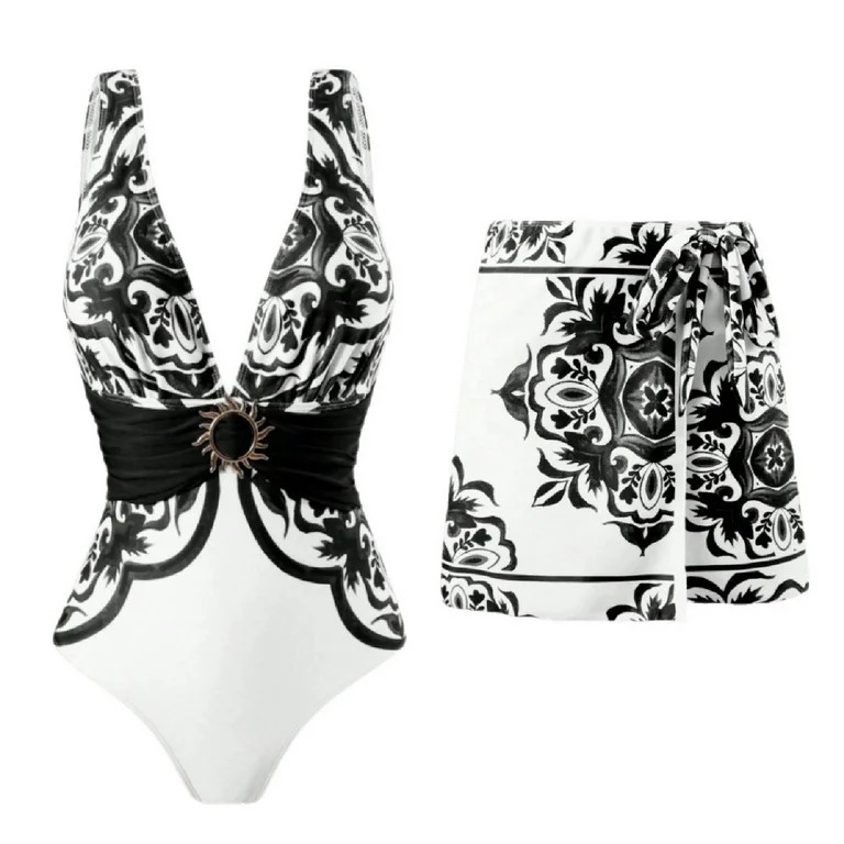 SwiftWear Women's Boho Floral One Piece Swimsuit Set Plunge V-Neck & Wrap Shorts Tummy Control Ba... | Walmart (US)