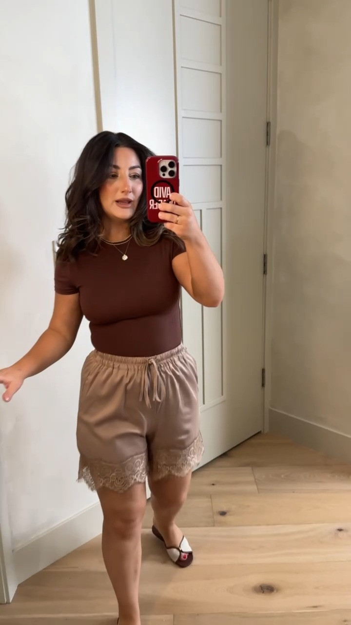 Love this color combo! 
Short sleeve tee and lace trim satin shorts size small 

5'0" 140lbs
petite friendly

#LTKootd #LTKSaleAlert #LTKPetite