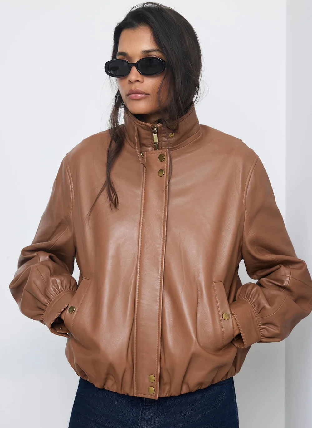 Tan Leather Ultimate Funnel Neck Bomber Jacket | Mint Velvet - ROW
