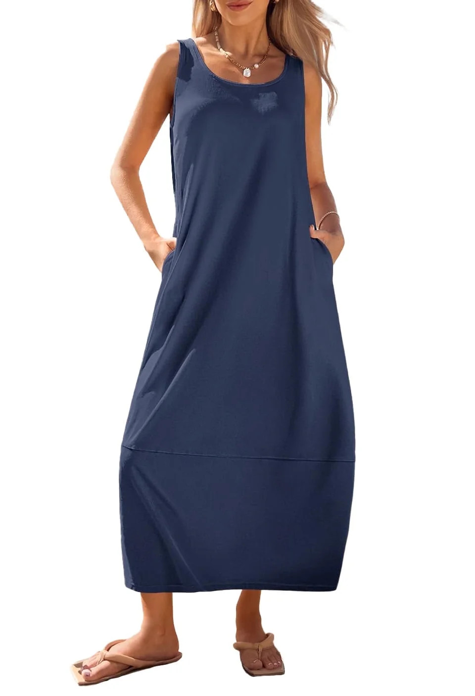 YOGAFOX Women's Summer Casual Maxi Sundress Scoop Neck Sleeveless Loose Beach Tank Dress Navy L | Walmart (US)