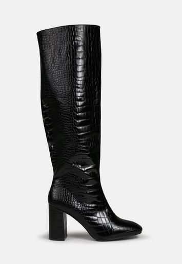 Black Croc Effect Block Heel Knee High Boots | Missguided (US & CA)