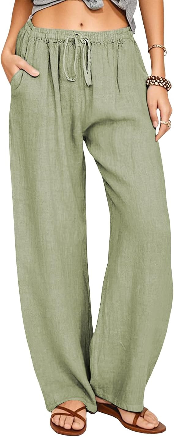 Women's Summer Drawstring Waist Wide Leg Loose Cotton Linen Palazzo Pants | Amazon (US)