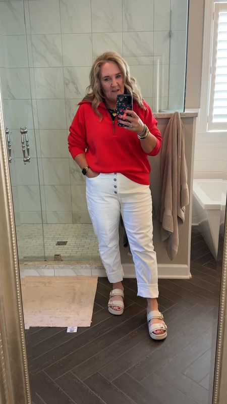 Yup. Red white and blue! This spanx air essential quarter zip is so luxe and love the red. Wearing a size XL. 10% off in free shipping with code NANETTEXSPANX 

Not working jeans wearing size 14. I like these because they are a slim straight silhouette. Perfect for casual. On sale! 

Been wearing these sandals on repeat I love the chunky wide base. I have a splurge hand to save for you. Just depends on whether you want leather or not.

4th of July outfit red white blue spanx white jeans summer sale 

#LTKOver40 #LTKSeasonal #LTKSaleAlert